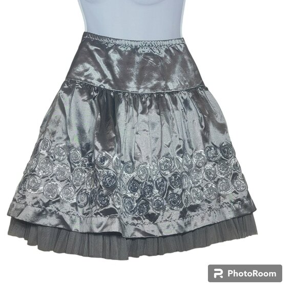 Jona Michelle Skirt, Girls 7, Silver Satin, Floral Embellishment, Tulle Hem, EUC - Picture 2 of 10